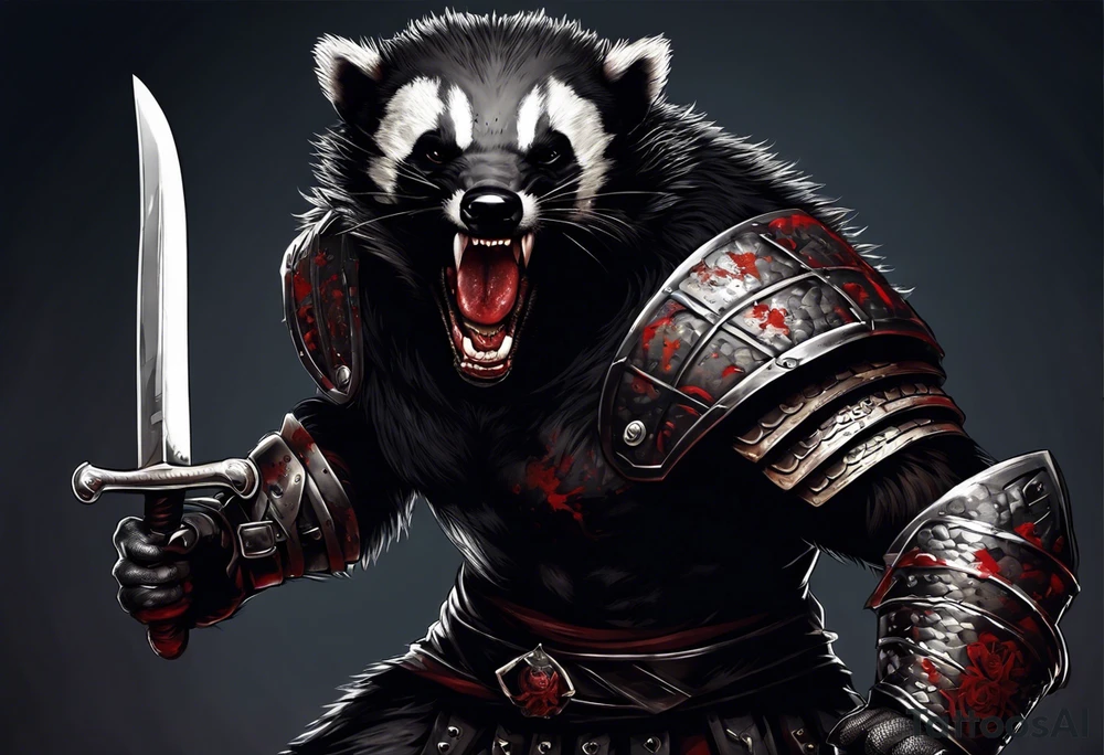 Draw me psychopath Honey Badger/Berserker with aggressive full body, killer face with a scary smile, very long nails and he attacks like a Bloody Assassin/Warrior/Gladiator to us and also, he has very deadly looking. He fights with his nails. Everybody scares after their first sight. Give me horror type Badger Tattoo. I want to see his Realistic full body with no weapons. tattoo idea