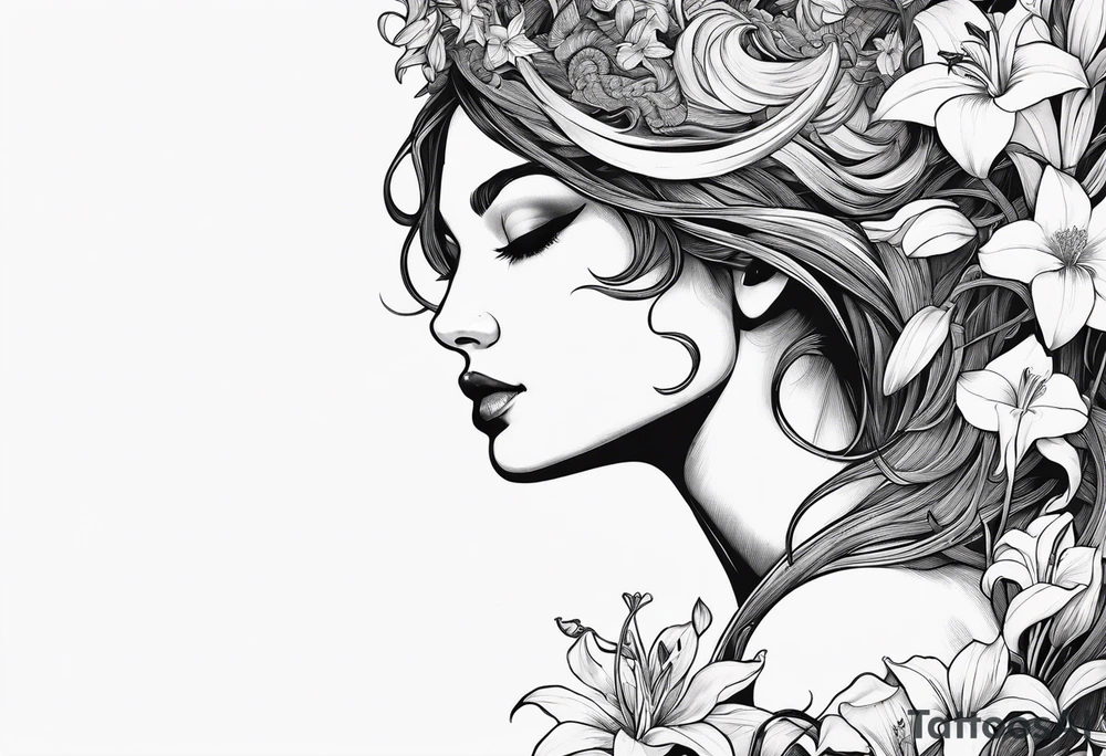 a side view of the goddess lilith holding a serpent and surrounded by lilies tattoo idea
