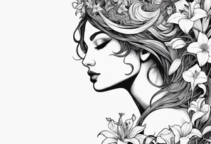 a side view of the goddess lilith holding a serpent and surrounded by lilies tattoo idea