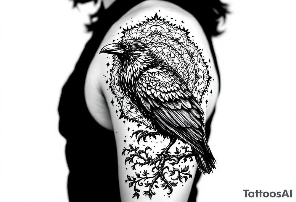 left arm tattoo of a raven on a branch surrounded by mandala tattoo idea