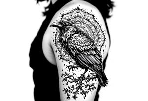 left arm tattoo of a raven on a branch surrounded by mandala tattoo idea