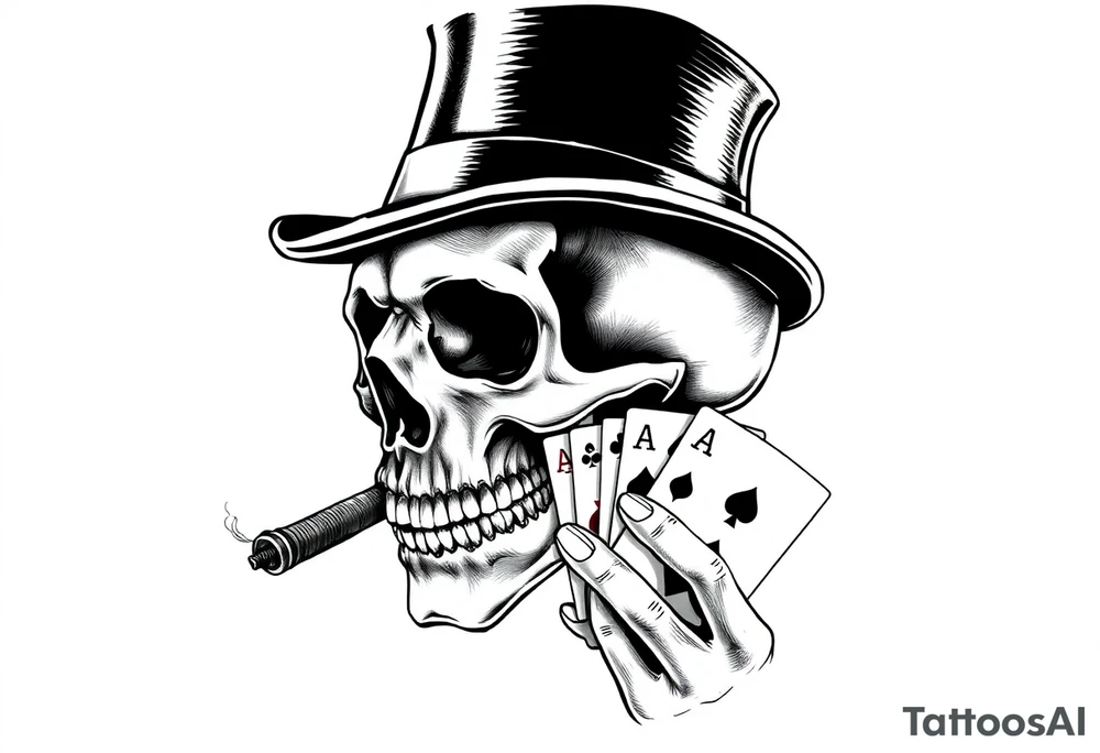 a skull with mustache,top-hat, cigar in his mouth and playing cards in a hand. tattoo idea
