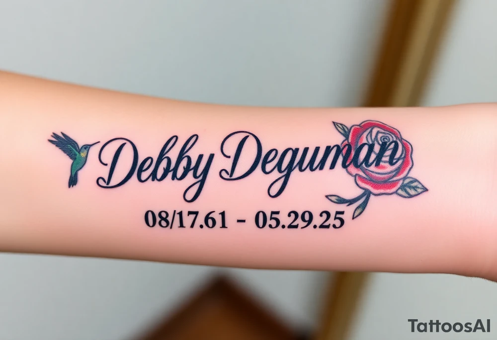 Tattoo of the exact name Debby Deguzman in chunky bold curly cursive with the exact dates of 08/17/61-05/29/25 surrounded by 1 hummingbird and 1 rose tattoo idea