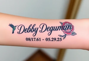 Tattoo of the exact name Debby Deguzman in chunky bold curly cursive with the exact dates of 08/17/61-05/29/25 surrounded by 1 hummingbird and 1 rose tattoo idea