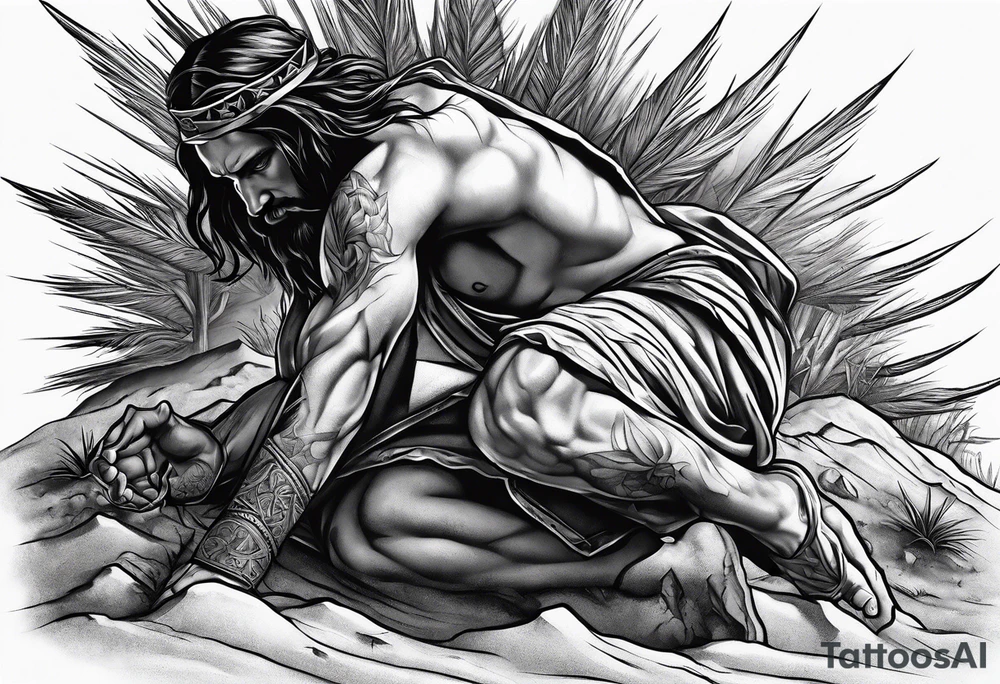 man crawling in a desert reaching to the cross of Christ tattoo idea