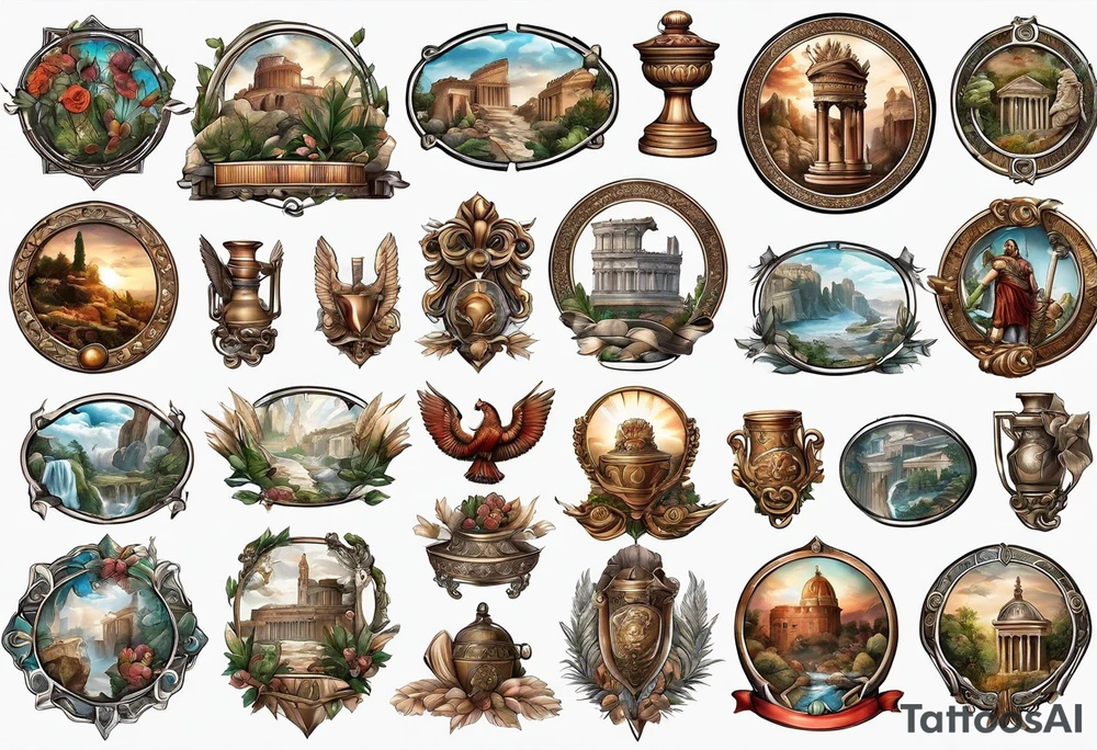 A sleeve of Roman objects, nature, and warriors tattoo idea