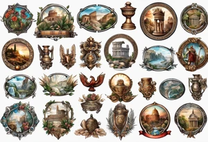 A sleeve of Roman objects, nature, and warriors tattoo idea