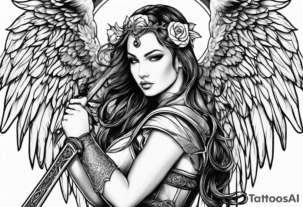 Female angel with sword and beauty dominance tattoo idea