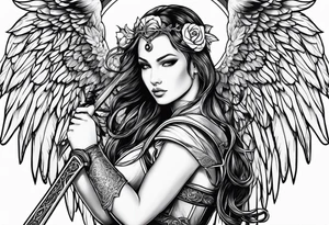 Female angel with sword and beauty dominance tattoo idea