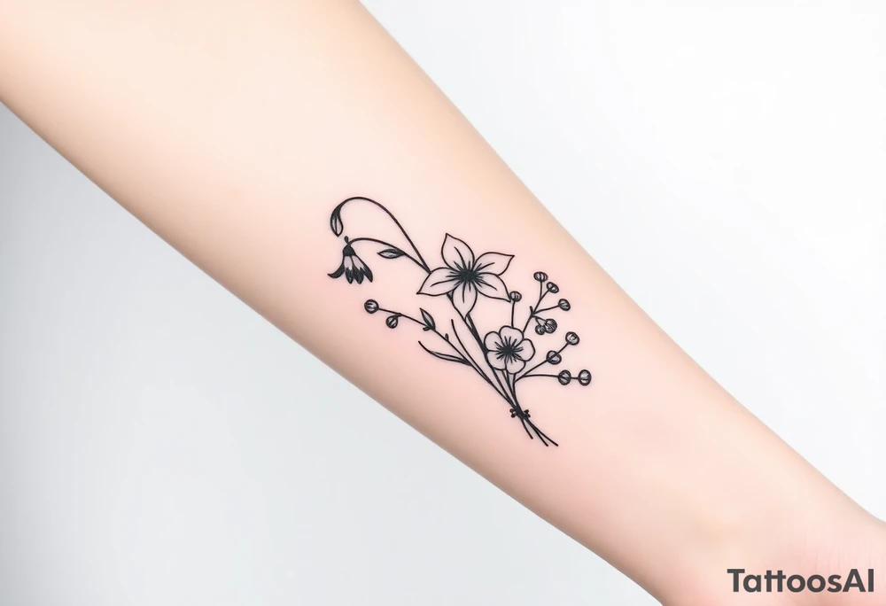 Bouquet of birth months flowers Lilly of the valley, daffodil, larkspur and Ilex aquifolium with berries tattoo idea