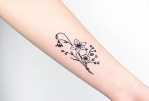 Bouquet of birth months flowers Lilly of the valley, daffodil, larkspur and Ilex aquifolium with berries tattoo idea