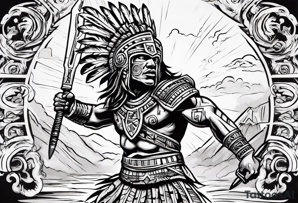aztec warrior fighting against the gods as the sunrise from the ground tattoo idea