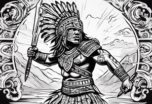 aztec warrior fighting against the gods as the sunrise from the ground tattoo idea