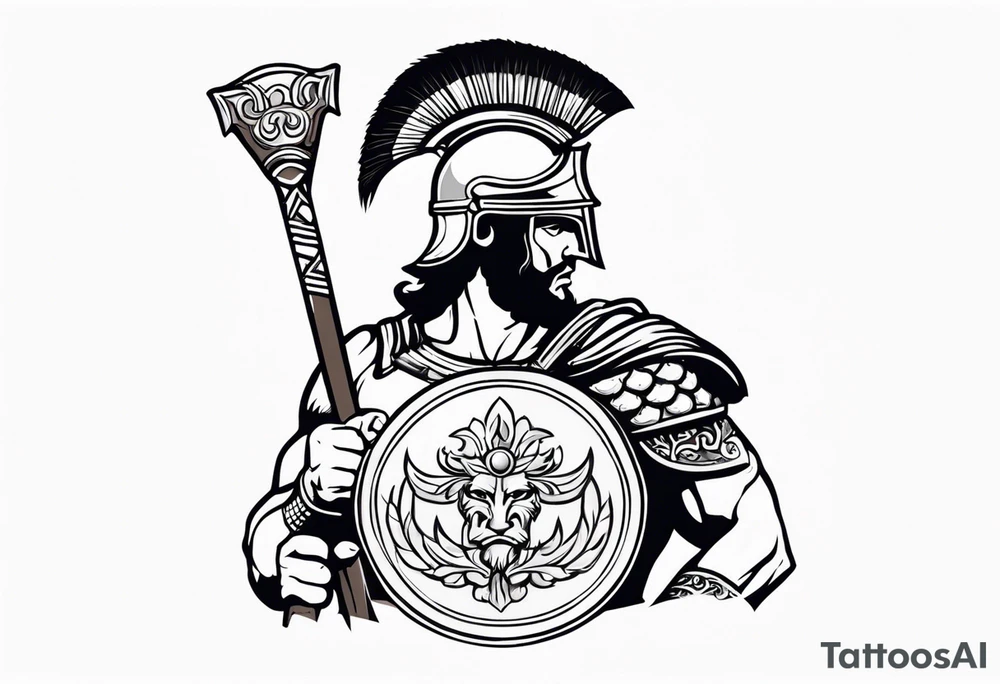 greek warrior wearing a Corinthian helmet weilding an axe tattoo idea