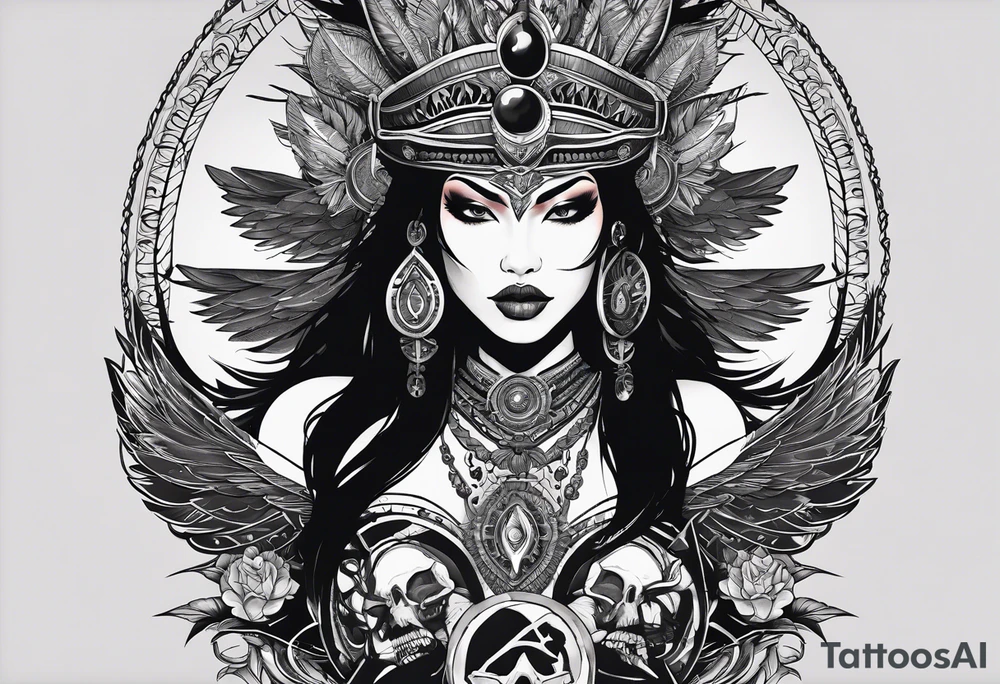 black kali, goddess pirate, alien, pachamama, valkrye, warrior, skull, lotus azul, wing, eagle, zenza resonance, stars, one side chest tattoo idea
