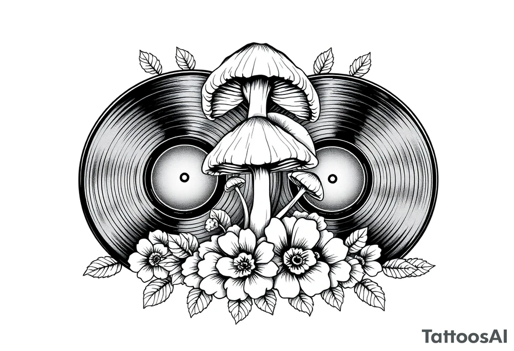 two overlapping vinyl records with mushrooms and flowers tattoo idea