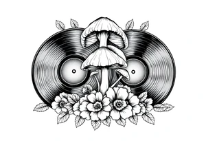 two overlapping vinyl records with mushrooms and flowers tattoo idea