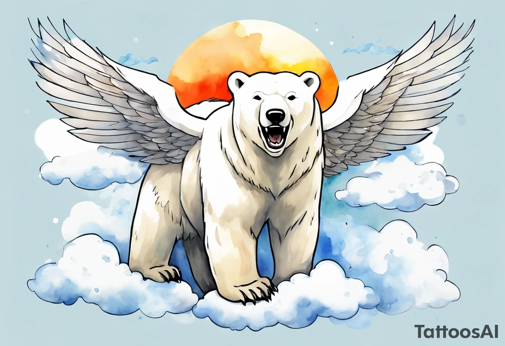 a polar bear with wings surrounded by clouds in the sky, laughing tattoo idea