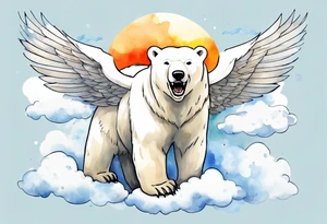 a polar bear with wings surrounded by clouds in the sky, laughing tattoo idea