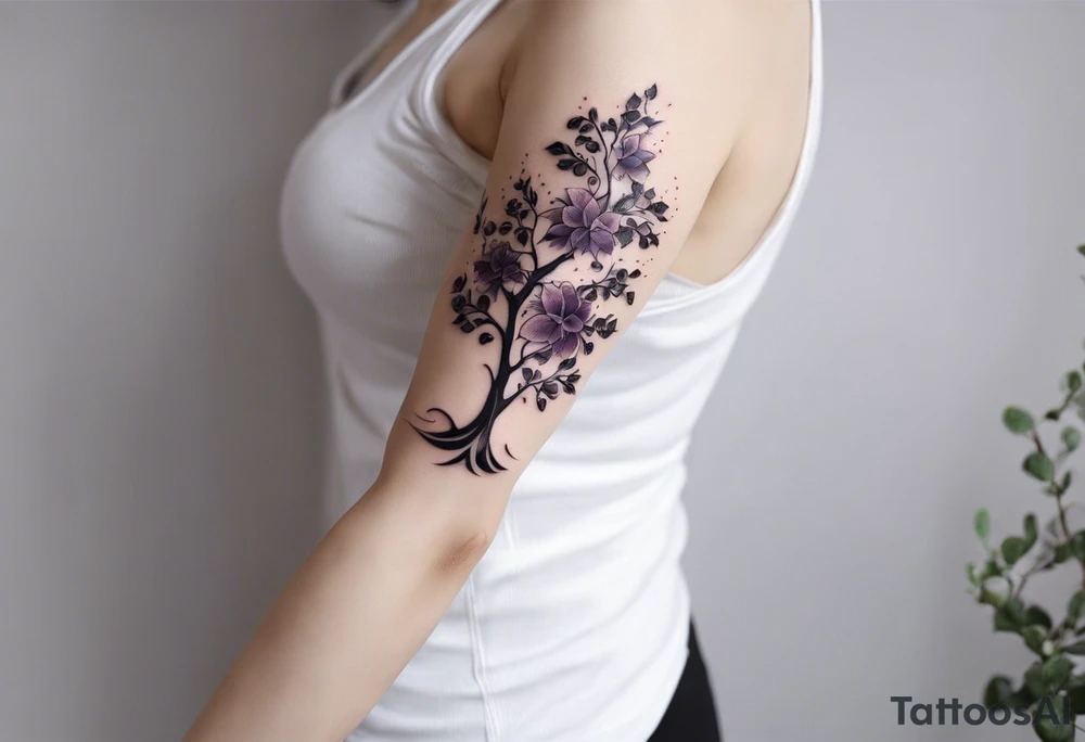 Elements: A simple north needle in the center. Outside the north needle are a few branches and leaves of the eggplant tree, and the outermost edge is a long wavy line.
Location: Behind the upper arm of the left hand, about 6*20 cm from the elbow to the shoulder tattoo idea