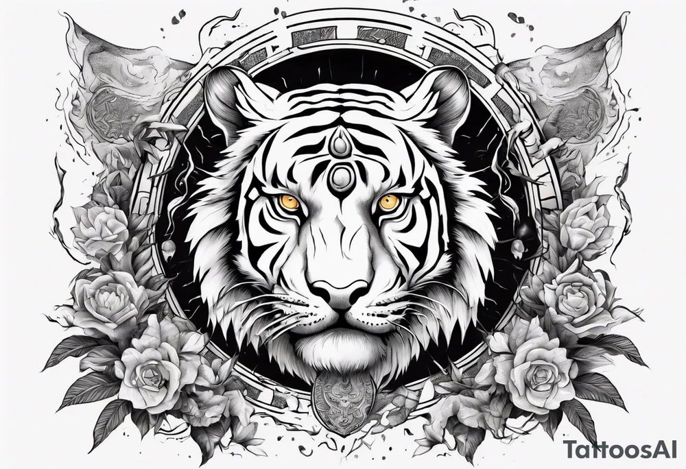 Ancient tiger with lightning and a sun for a forearm sleeve. With patterns surrounding it tattoo idea