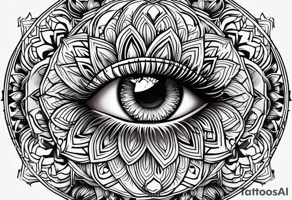 Mandala design with realistic woman’s eye in the center tattoo idea