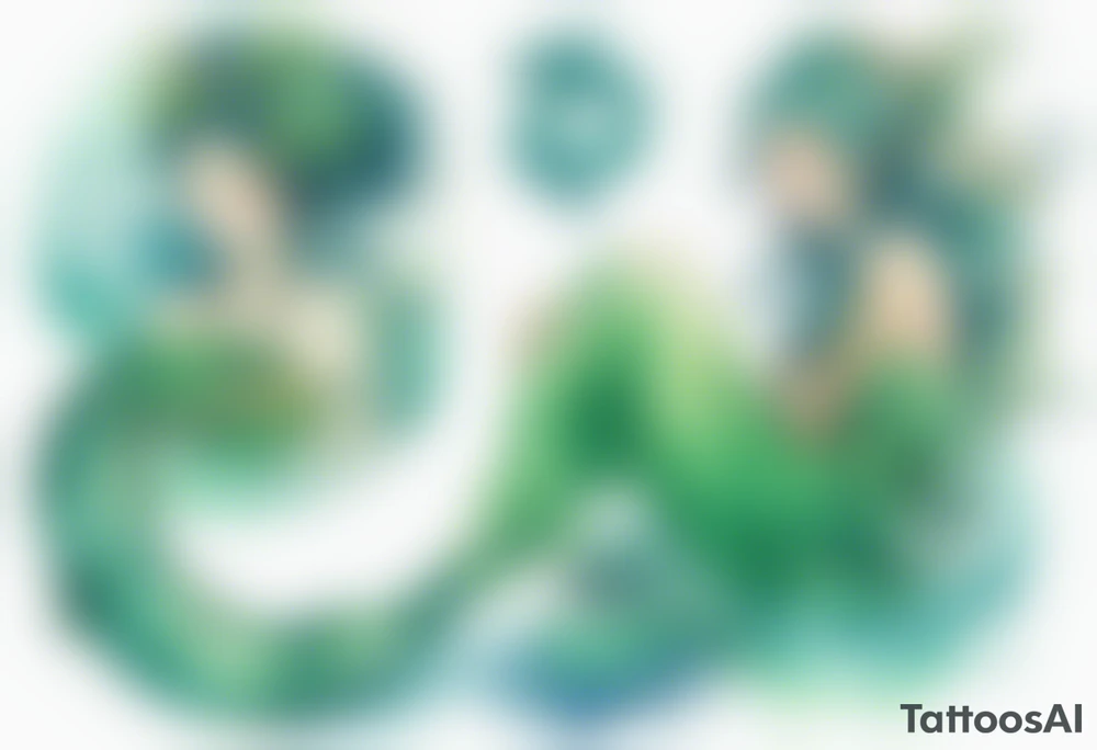 a blue-green Naiad in a green tunic next to a sea serpent tattoo idea