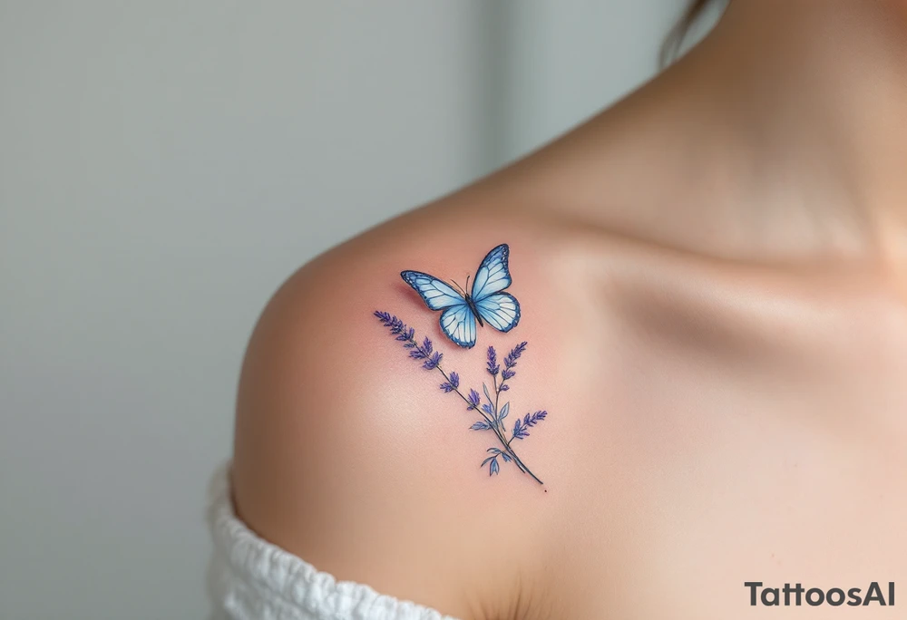 A butterfly landing on a lavender sprig, with soft pastel blue wings and intricate floral details. tattoo idea