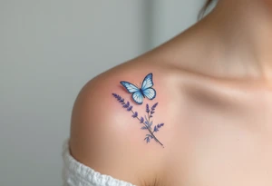 A butterfly landing on a lavender sprig, with soft pastel blue wings and intricate floral details. tattoo idea