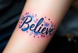 A bold "Believe" in deep midnight blue script, surrounded by sparkling stars to symbolize hope and faith in the universe. tattoo idea