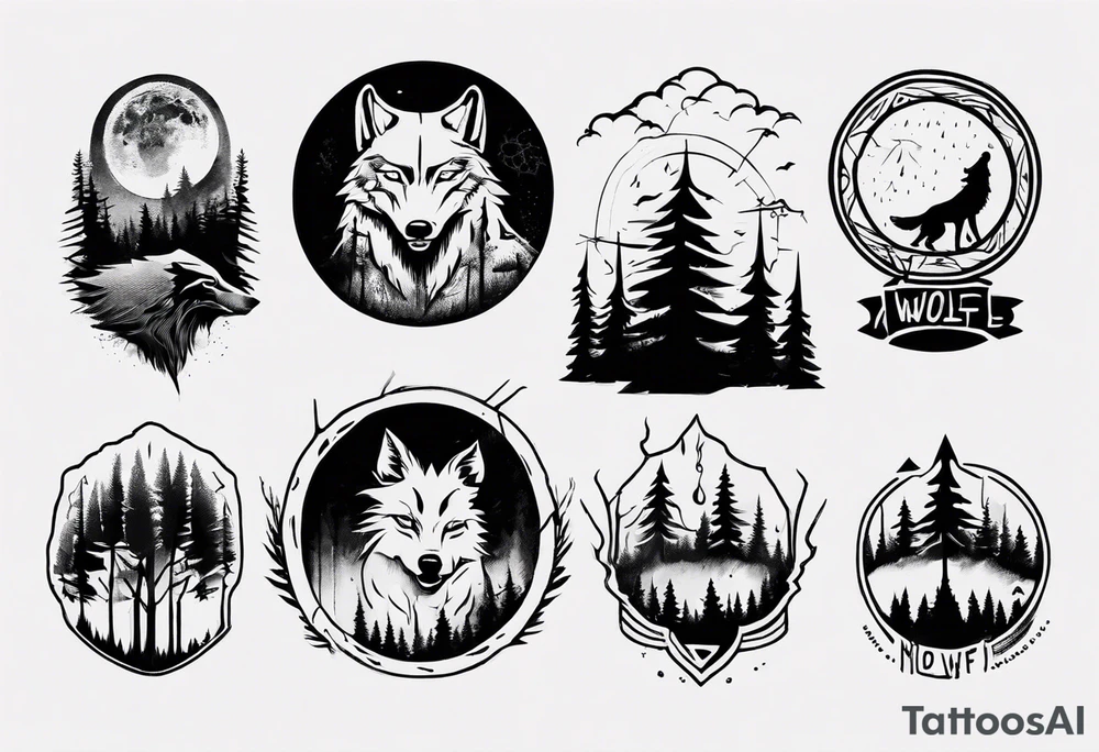 thunderstorm over a forest with a wolf howling on drums tattoo idea