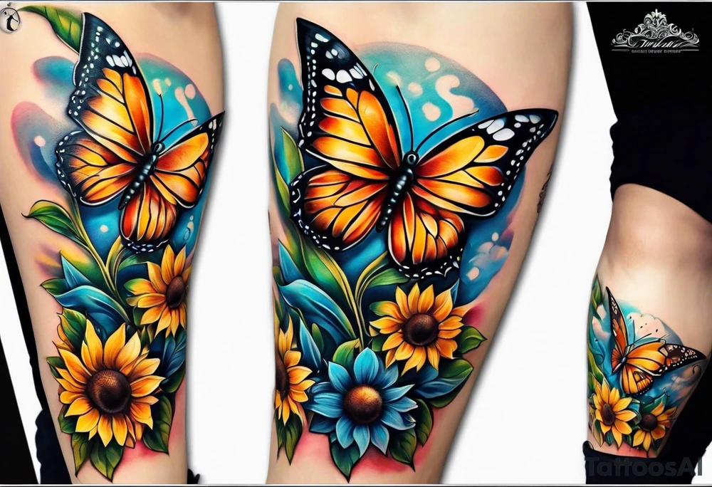 Sunflower and butterfly leg sleeve tattoo idea