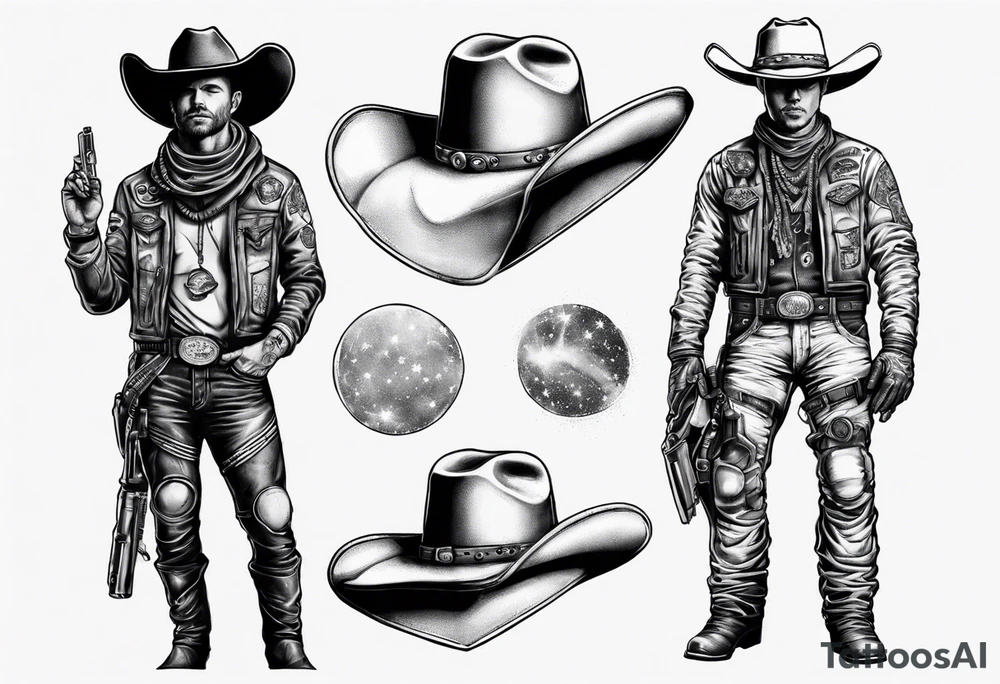 spaceman with a cowboy hat holding AK tattoo idea