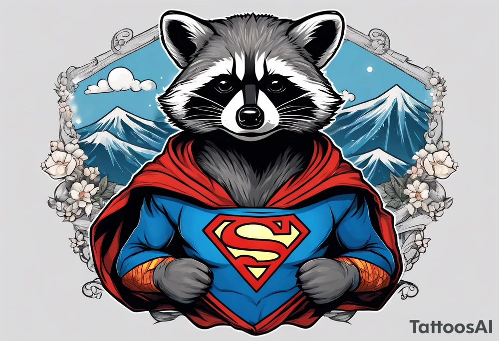 raccoon wearing a Superman hoodie tattoo idea