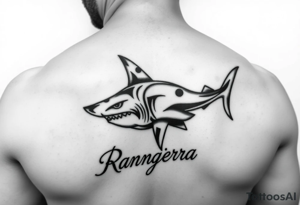 tribal hammer head shark with Rangiroa text on the back tattoo idea