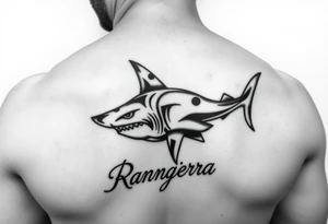 tribal hammer head shark with Rangiroa text on the back tattoo idea