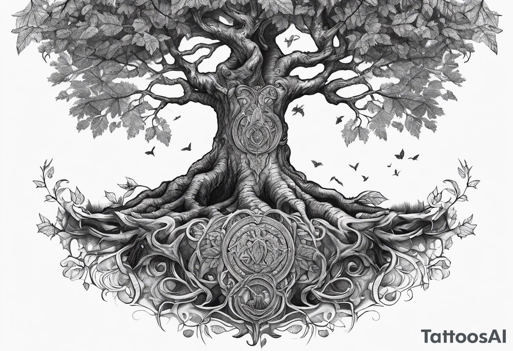 Tattoo of the norse world tree, one half is rotten, the other is full of leaves tattoo idea