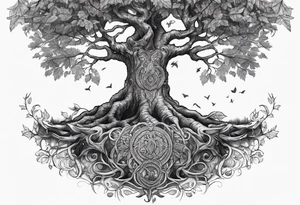 Tattoo of the norse world tree, one half is rotten, the other is full of leaves tattoo idea