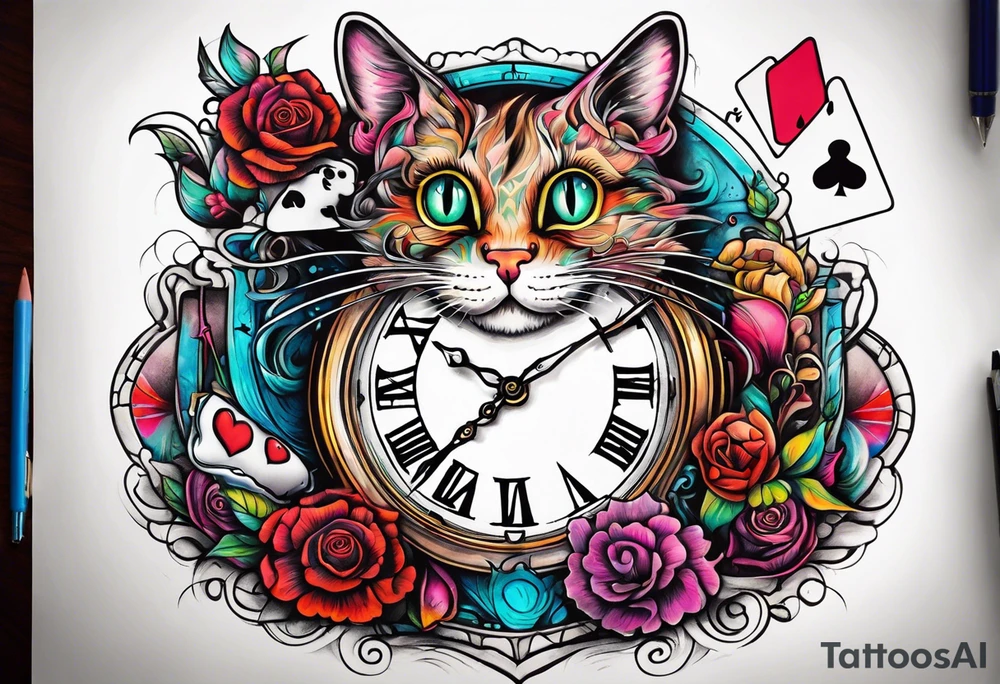 Semicolon chester cat on Alice in wonderland broke clock hour glass tattoo idea