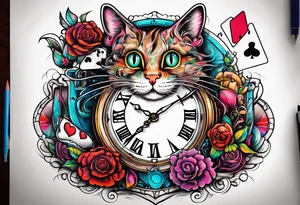 Semicolon chester cat on Alice in wonderland broke clock hour glass tattoo idea