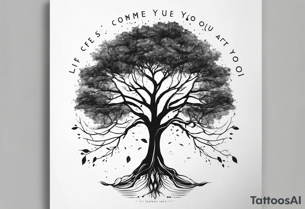 A tree growing from roots within body, with branches reaching outward with the text "life comes from you not at you" tattoo idea