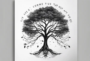 A tree growing from roots within body, with branches reaching outward with the text "life comes from you not at you" tattoo idea