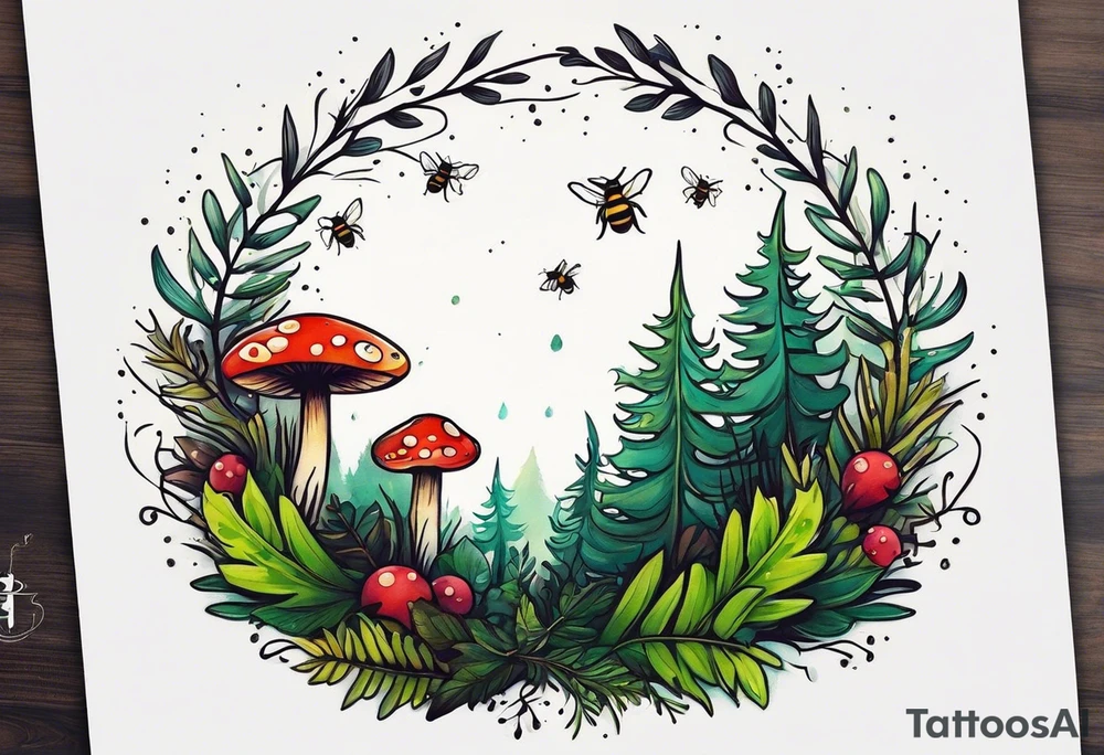 forest floor inspired minimalist tattoo, which includes grass, curly ferns, moss and dead leaves as the bulk of the tattoo. details to include: forest berries, a tiny bumblebee flying nearby, three small brown mushrooms
Generate a vertically long one tattoo idea