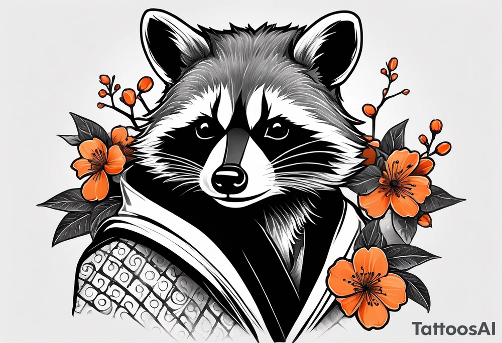 Raccoon wearing a white Superman logo on a black hoodie and orange Japanese cherry blossoms tattoo idea