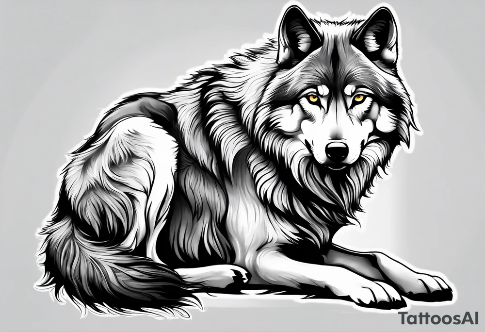 Fluffy wolf sitting upright facing forwards tattoo idea