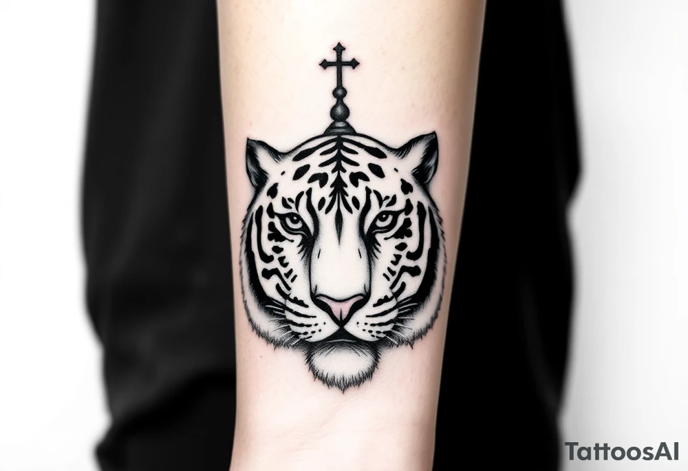Realistic tiger face on the back of the hand with strong contrast and fine detail. Forearm features a highly detailed Russian Orthodox cathedral with onion domes and crosses, done in fine line, engraving-like style. Cohesive composition, black ink only, no color, high contrast, slightly aged, documentary-style, plain light background. tattoo idea