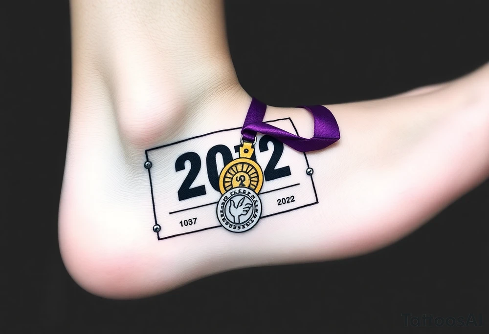 Running bib with 2012 with purple and gold and safety pins going through my skin. Running medal draped in with it tattoo idea