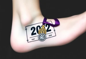 Running bib with 2012 with purple and gold and safety pins going through my skin. Running medal draped in with it tattoo idea