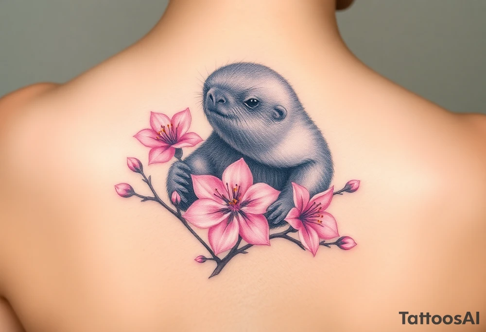 mole holding a delicate pink cherry blossom, with gentle pastel tones and a dreamy aesthetic tattoo idea