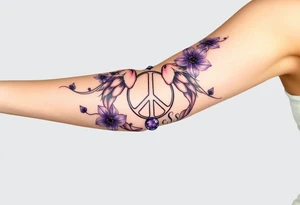 peace symbol, dog prints, Pisces symbol, intertwined with violets, amethyst, initials csb in cursive font tattoo idea